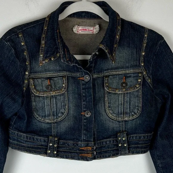 Vintage | Leo Roma 90s Grunge Studded Ultra Cropped Denim Bolero Jacket | M - Picture 2 of 11